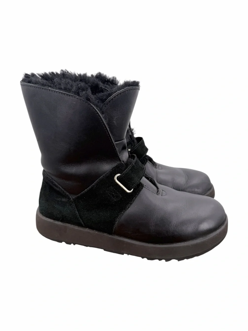 UGG Black Leather Shearling Buckle Boots Vibram Arctic Grip Waterproof 9